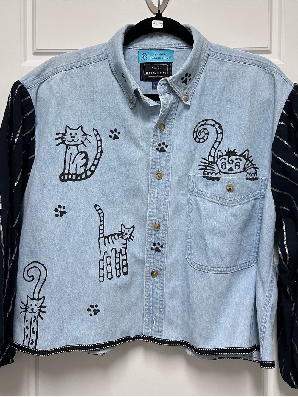 Light Blue Denim Cat Print Button-Up Shirt with Black/Silver Sleeves